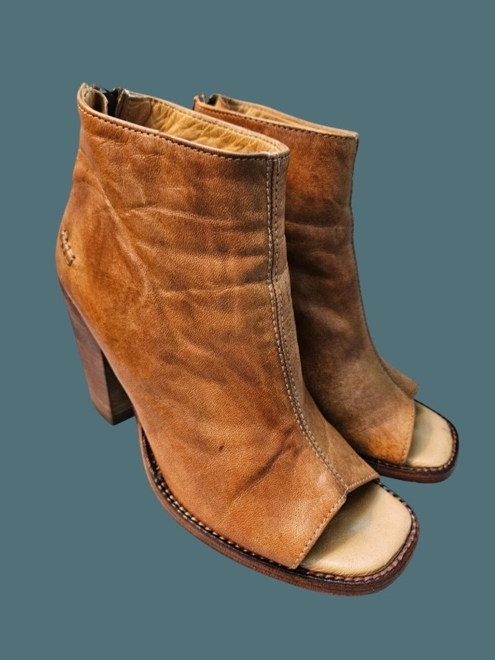 Bedstu Upper Leather Onset Peep Toe Stacked Heel Ankle Booties Women 7